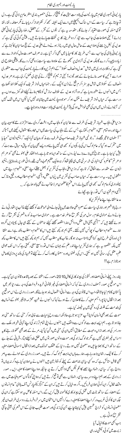 Jamhori Nizam Express Column Tahir Sarwar 21 March 2010