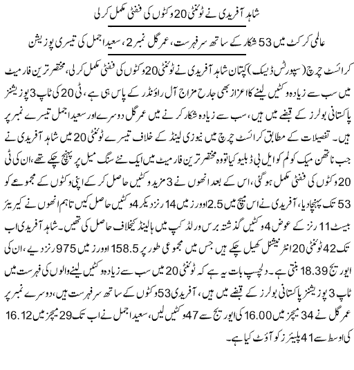 Afridi Gets 50 Wickets In T20 Cricket - Urdu Sports News