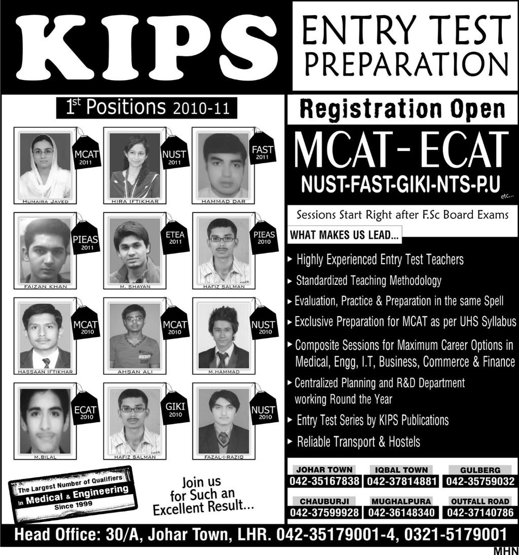 MCAT, ECAt, NUST, FAST, GIKI, NTS Preparations 2012 in KIPS 1101502865 1 MCAT, ECAt, NUST, FAST, GIKI, NTS Preparations 2012 in KIPS