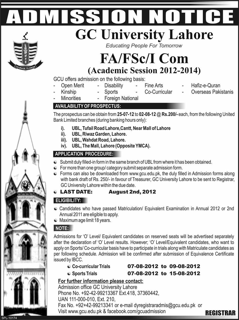 GC University Lahore Admission For FA/FSc/I Com Session 2012-14 
