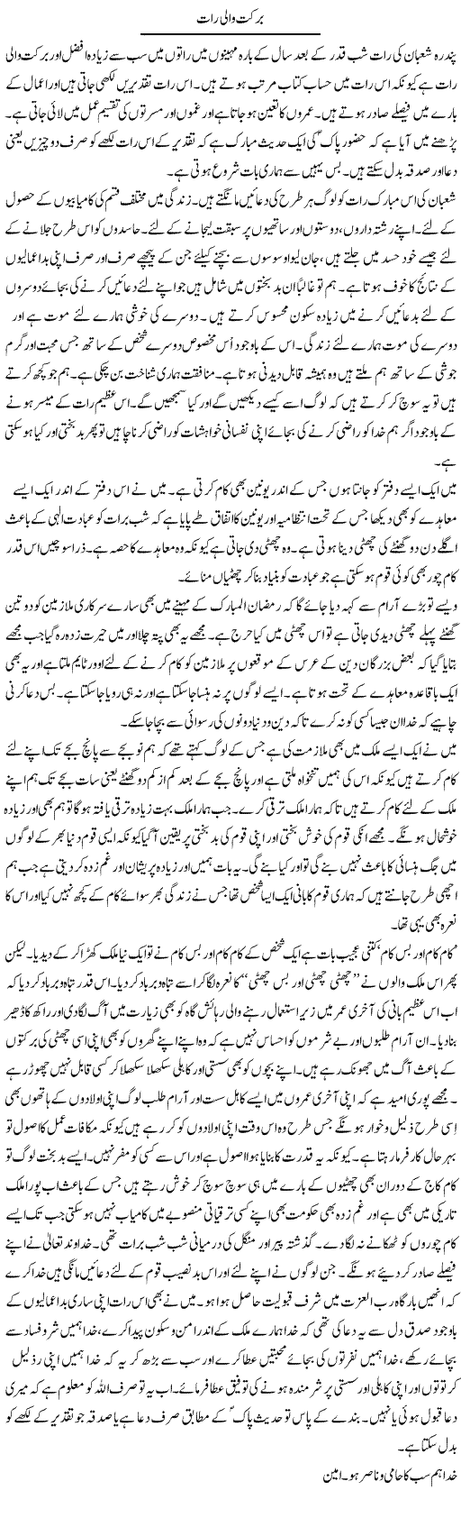 Barkat Wali Raat | Musa Raza Afandi | Daily Urdu Columns
