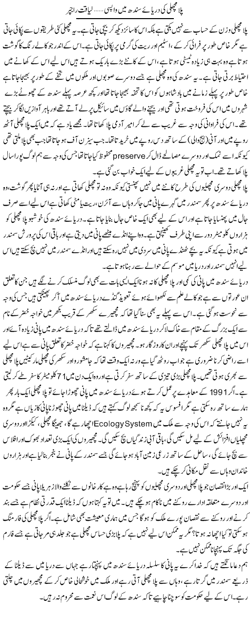 Pila Machli Ki Darya e Sindh Mai Wapsi 2 | Liaqat Rajpar | Daily Urdu Columns