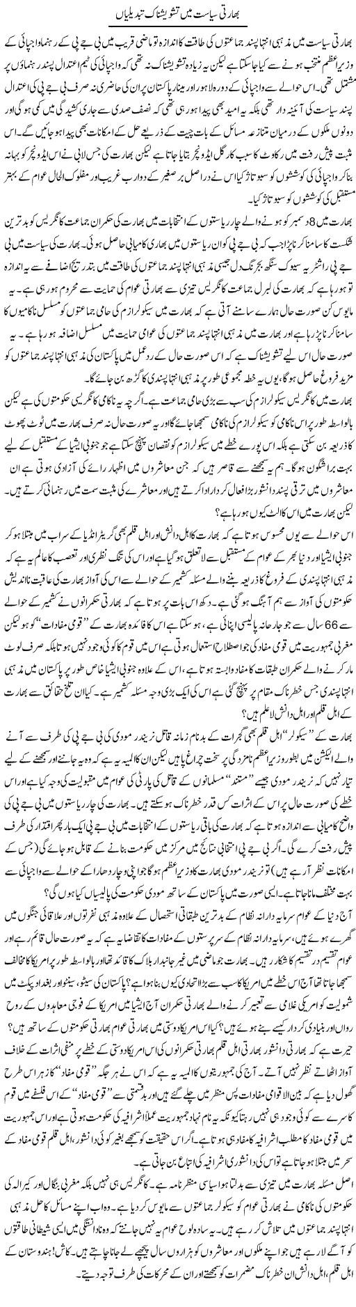 Bharti Siasat Main Tashweeshnak Tabdeelian | Zahir Akhter Bedi | Daily Urdu Columns
