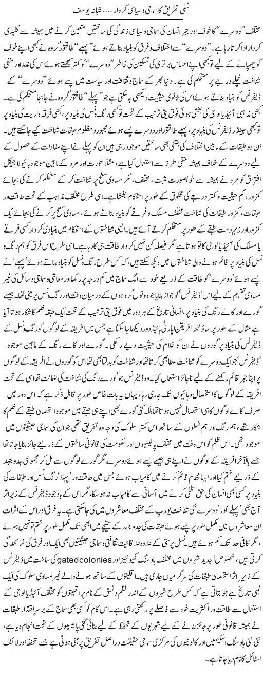 Nasli Tafriq Ka Samaji Our Siasi Kirdar 1 | Shabana Yousaf | Daily Urdu Columns