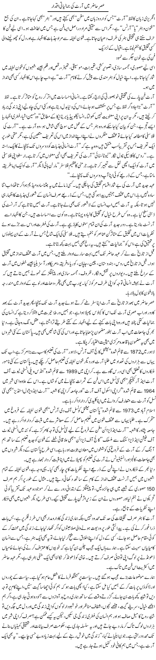 Aser e Hazir Main Art Ki Jamaliati Iqdar | Khurram Sohail | Daily Urdu Columns