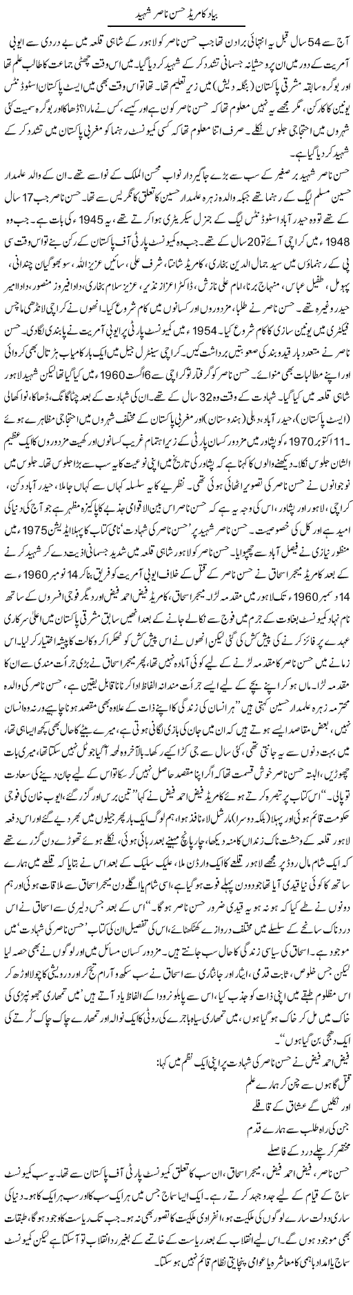 Bayad Comrade Hassan Nasir Shaheed | Zubair Rehman | Daily Urdu Columns