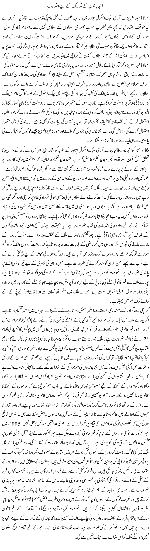 Inteha Pasandi Ke Tadaruk Ke Liye Iqdamaat | Tausif Ahmad Khan | Daily Urdu Columns