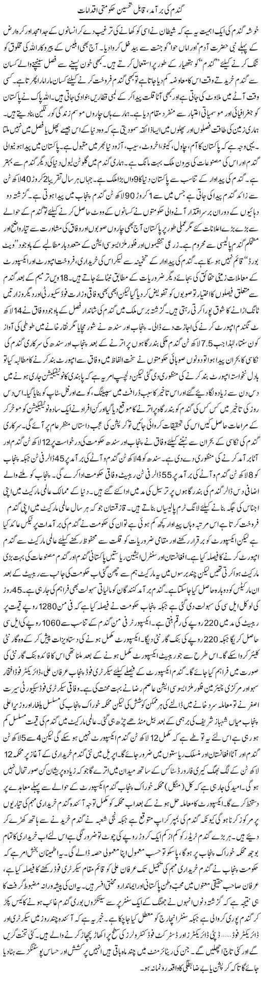 Gandum Ki Baramad, Qabil Tehseen Hakumti Iqdamat | Rizwan Asif | Daily Urdu Columns