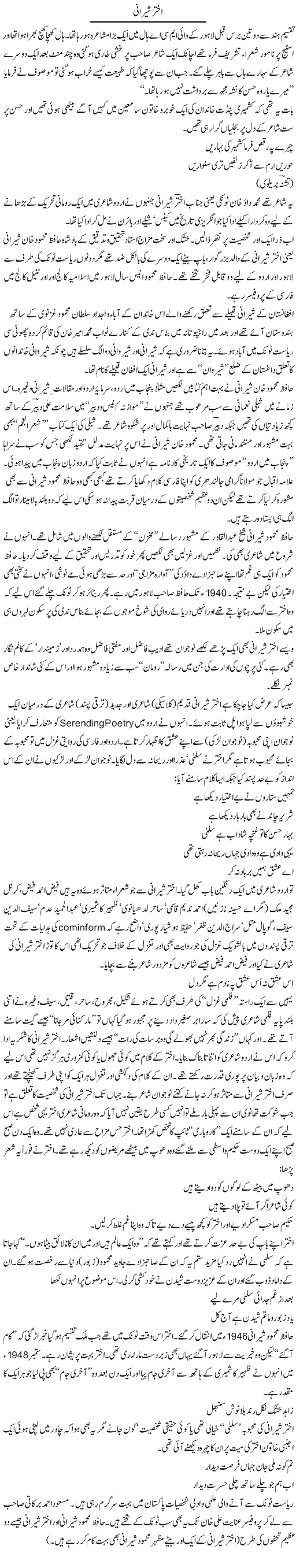 Akhtar Shirani | Tishna Barelvi | Daily Urdu Columns