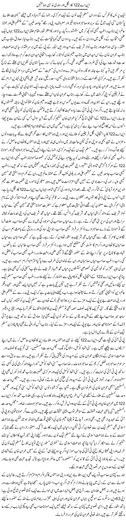 Na 122 Ka Dangal Aur Hamari Mazhabi Jamatain | Tanveer Qaisar Shahid | Daily Urdu Columns