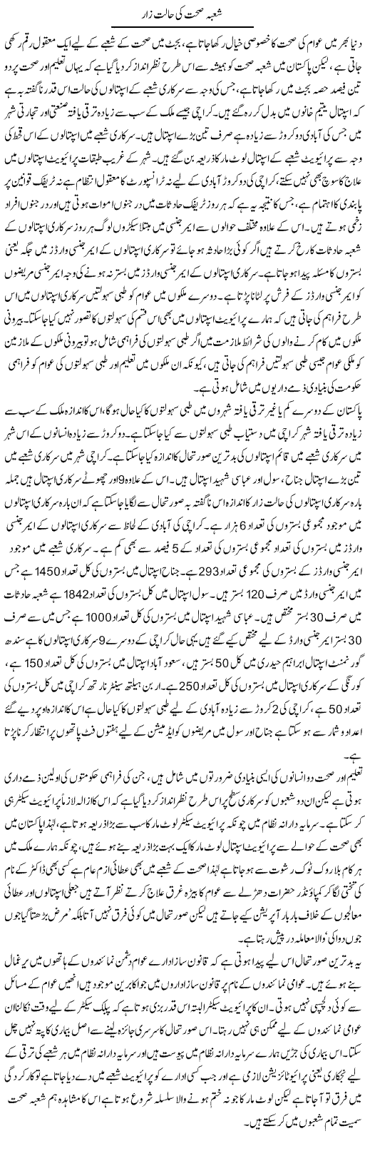 Shoba Sehat Ki Haalat Zaar | Zahir Akhter Bedi | Daily Urdu Columns