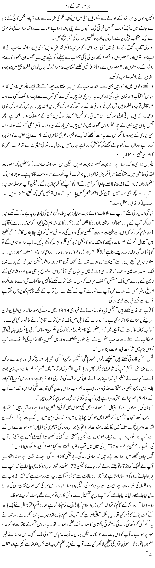 Noon M Rashid Ke Naam | Intizar Hussain | Daily Urdu Columns