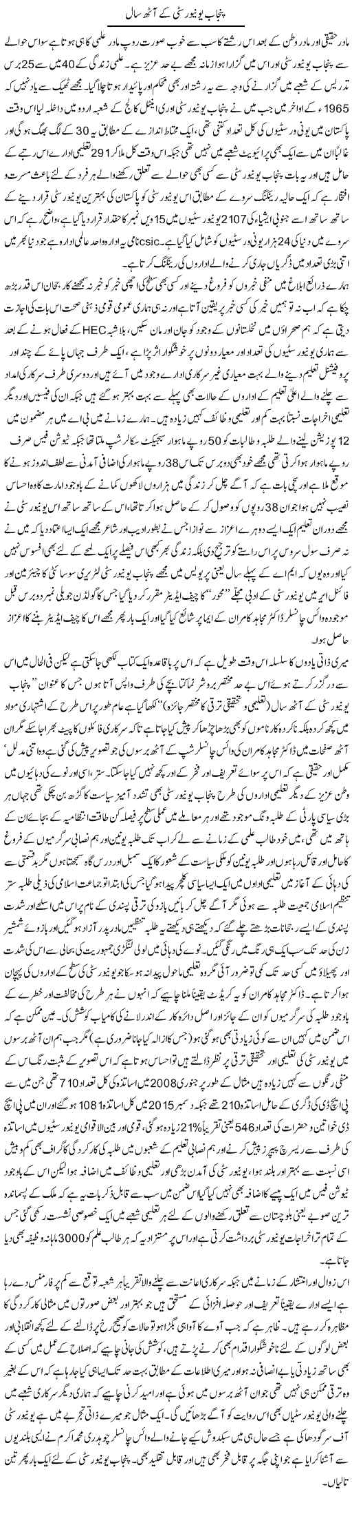 Punjab university ke aath saal | Amjad Islam Amjad | Daily Urdu Columns