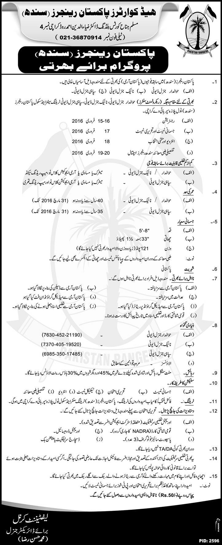 Pakistan Rangers Induction Program Jobs Sindh 2016 Latest