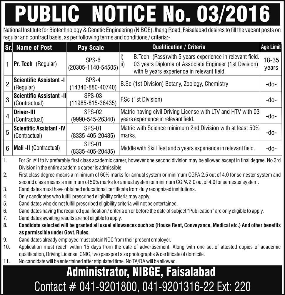 National Institute of Biotechnology & Genetic Engineering NIBGE Jobs 2016 Faisalabad Scientific Assistants & Others