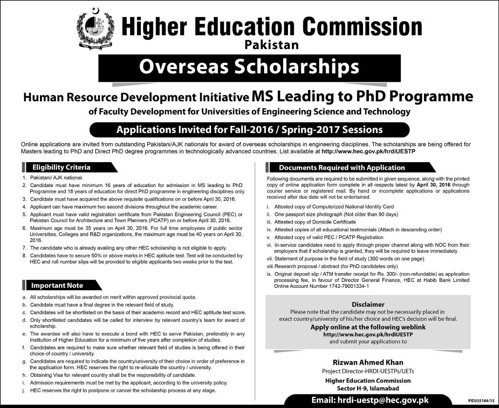 Hec Overseas Scholarships 2016 Ms Leading To Phd Programme Apply