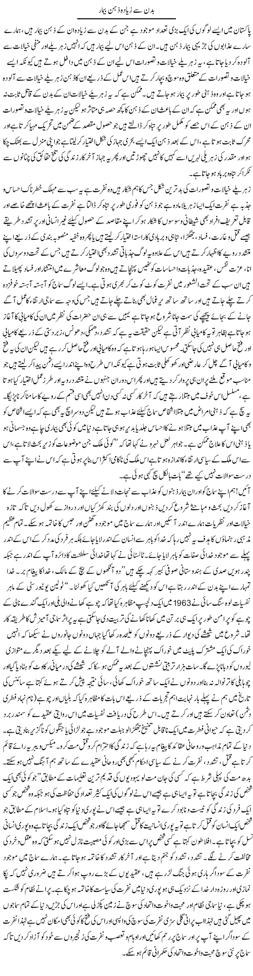 Badan Se Ziyada Zehen Bemaar | Aftab Ahmad Khanzada | Daily Urdu Columns