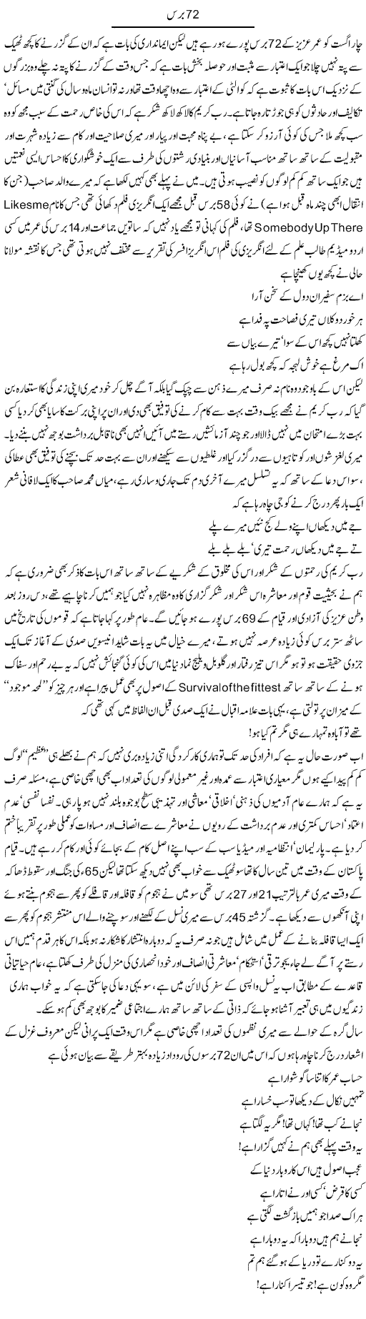 72 baras | Amjad Islam Amjad | Daily Urdu Columns