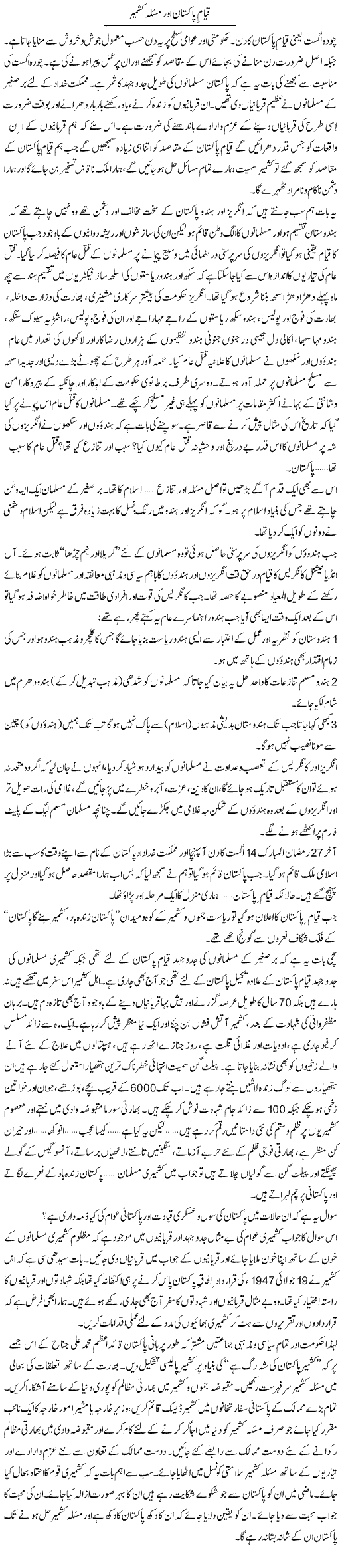 Qayam e Pakistan Aor Masla Kashmir | Hafiz Muhammad Saeed | Daily Urdu Columns