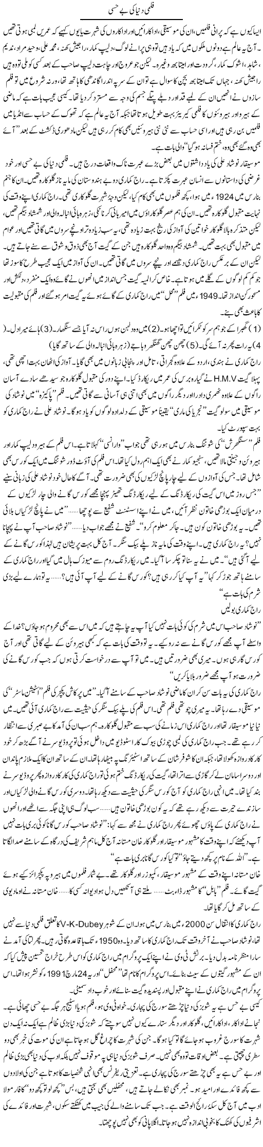 Filmi Dunya Ki Be Hisi | Raees Fatima | Daily Urdu Columns