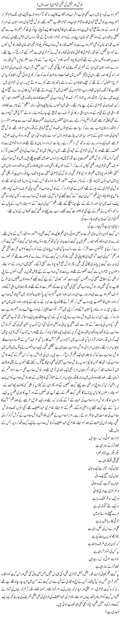 Josh Aur Faiz Ki Filmi Shayari (1) | Younus Hamdam | Daily Urdu Columns