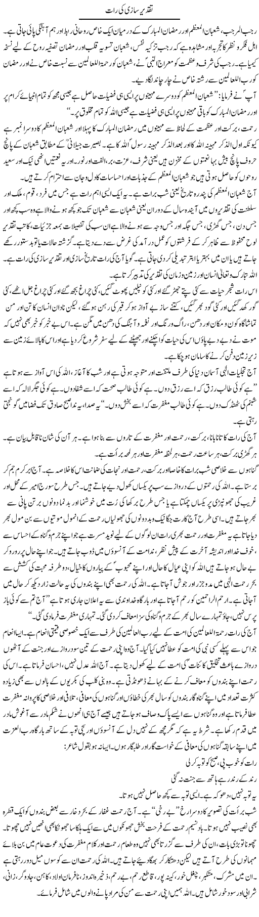Taqdeer Saazi Ki Raat | Dr. Muhammad Tayyab Khan Singhanvi | Daily Urdu Columns