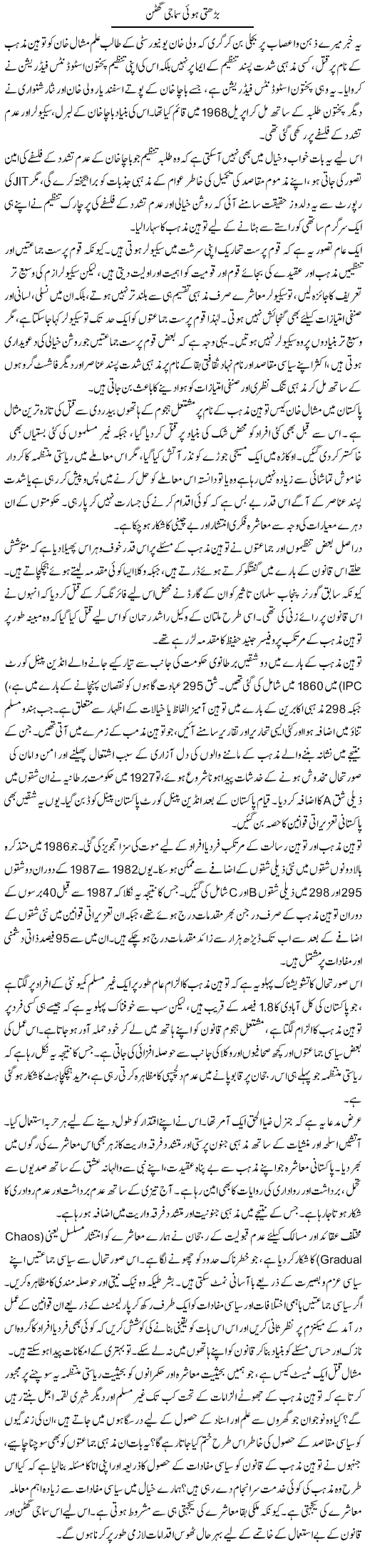 Barhti Hui Samaji Ghutan | Muqtada Mansoor | Daily Urdu Columns