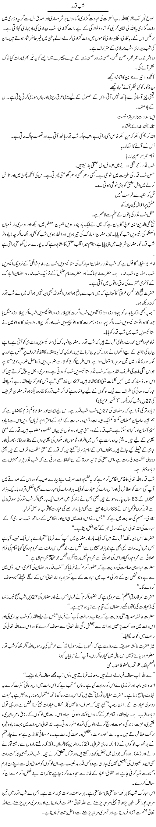 Shab Qader | Dr. Muhammad Tayyab Khan Singhanvi | Daily Urdu Columns
