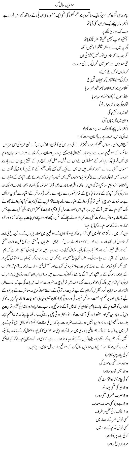 Sattarhwi Saalgirah | Amjad Islam Amjad | Daily Urdu Columns
