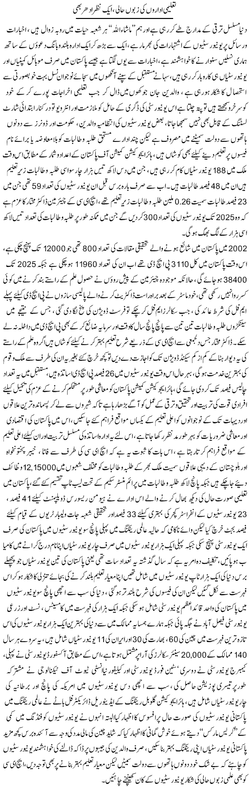 Taleemi Idaron Ki Zaboon Haali, Aik Nazar Idhar Bhi | Ali Raza Alvi | Daily Urdu Columns