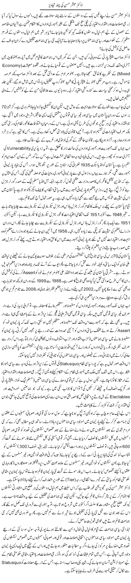 Dr. Mubasher Hassan Ki Chand Tajaweez | Muqtada Mansoor | Daily Urdu Columns