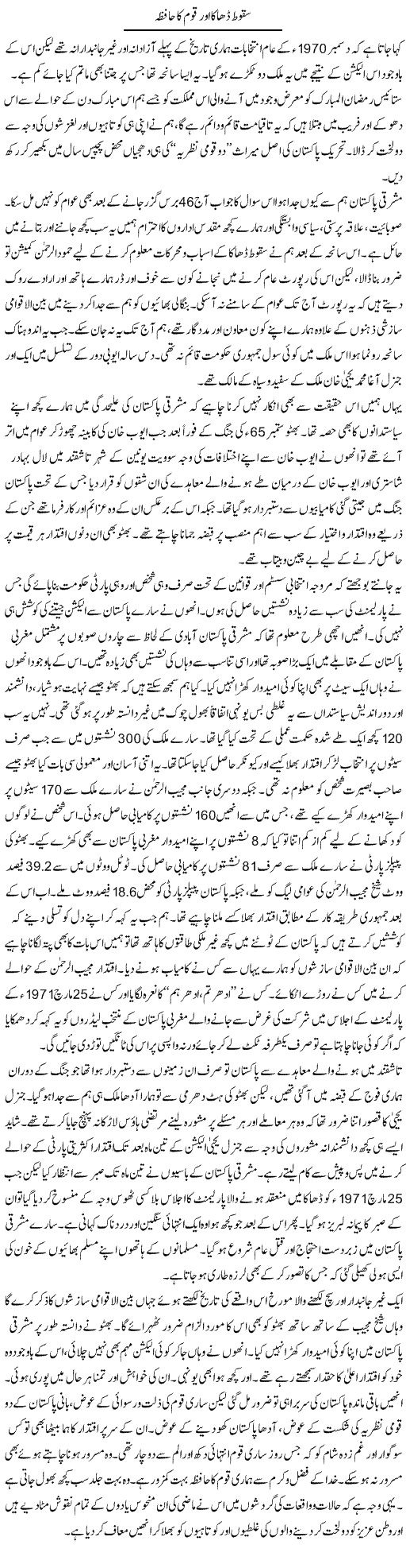 Sqoot Dhaka Aur Qoum Ka Hafza | Dr. Mansoor Noorani | Daily Urdu Columns