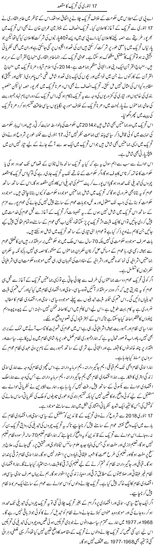 17 January Ki Tehreek Ka Maqsad | Zahir Akhter Bedi | Daily Urdu Columns