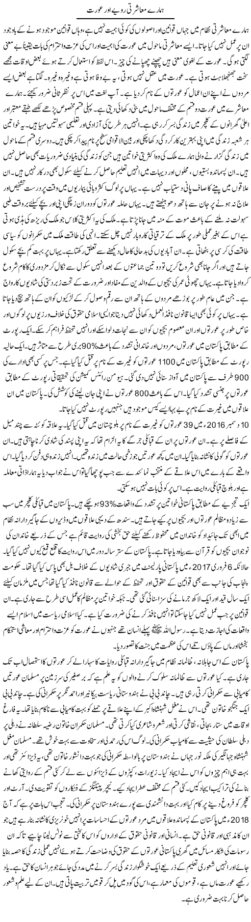 Hamare Muasharti Ravayye Aur Aurat | Tasneem Peer Zada | Daily Urdu Columns