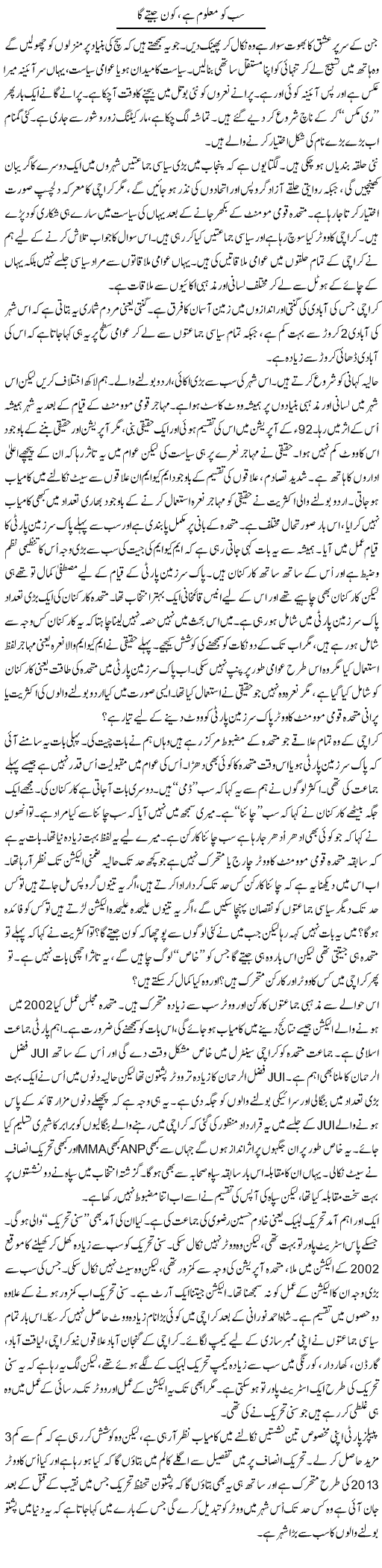 Sabko Maloom Hai, Kon Jeetay Ga | Anees Mansori | Daily Urdu Columns