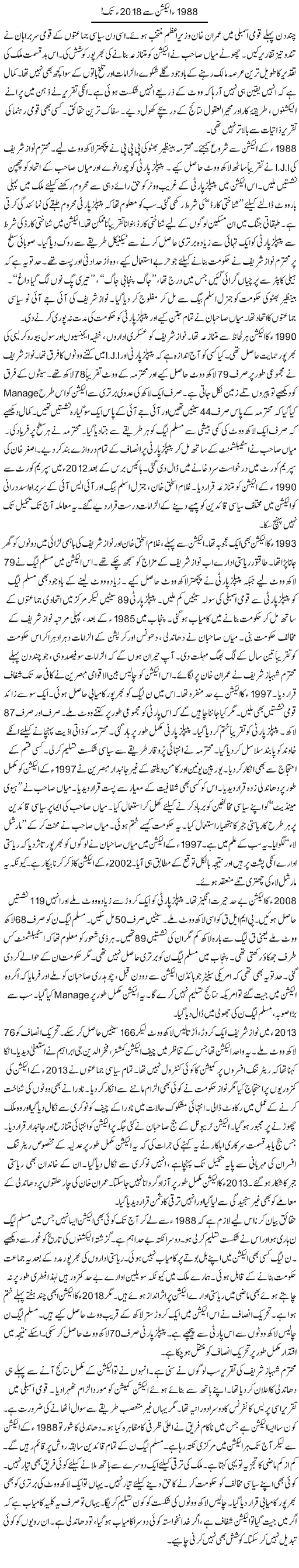 1988 Election Se 2018 Tak | Rao Manzar Hayat | Daily Urdu Columns