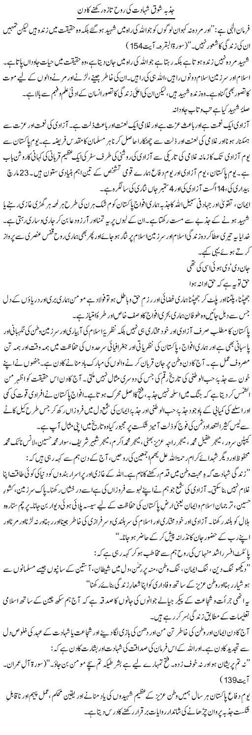 Jazba Shoq Shahadat Ki Rooh Taza Rakhne Ka Din | Dr. Muhammad Tayyab Khan Singhanvi | Daily Urdu Columns
