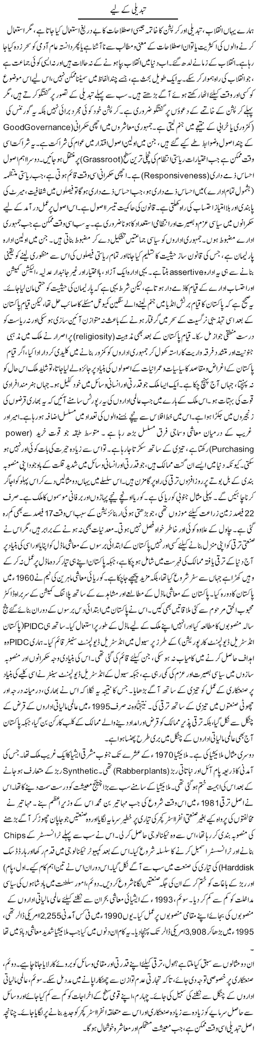 Tabdeeli Ke Liye | Muqtada Mansoor | Daily Urdu Columns