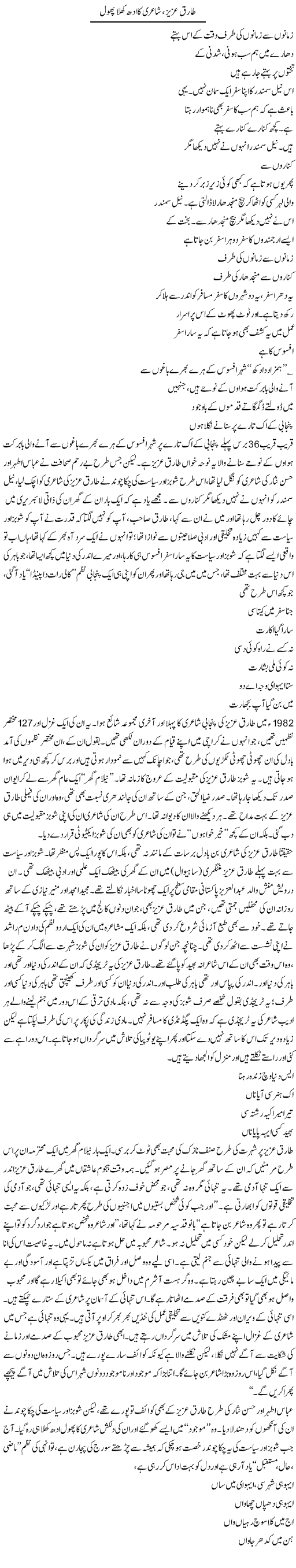 Tariq Aziz, Shairi Ka Adh Khula Phool | Asghar Abdullah | Daily Urdu Columns