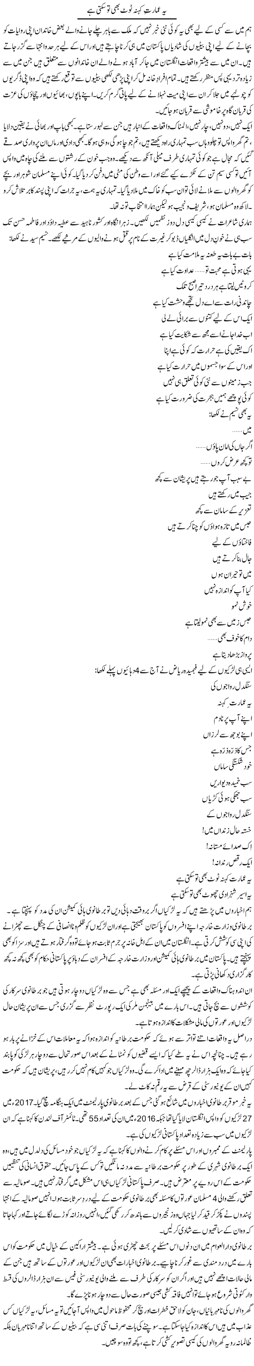 Ye Imarat Kuhna Toot Bhi To Sakti Hai | Zahida Hina | Daily Urdu Columns