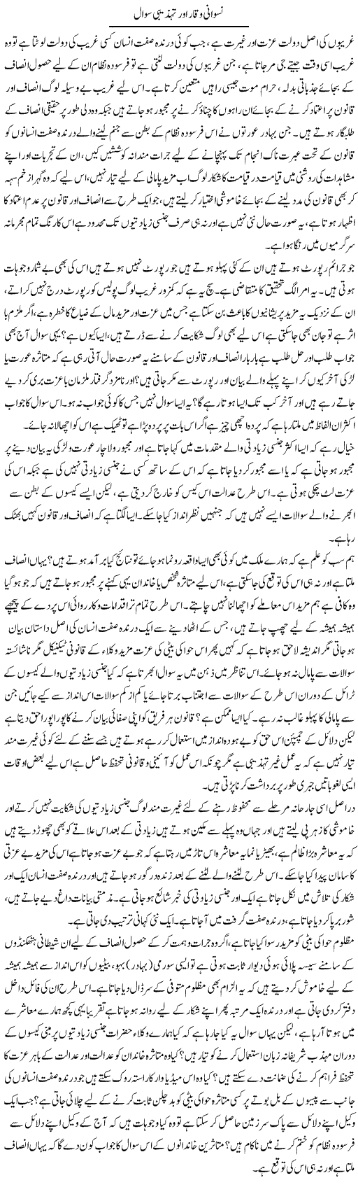 Niswani Waqar Aur Tehzibi Sawal | Shabbir Arman | Daily Urdu Columns