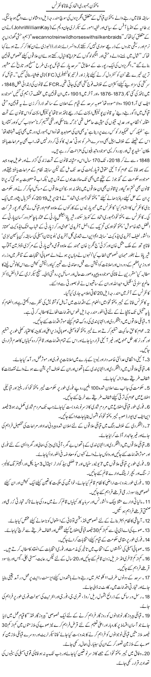 Pakhtoon Jamhoori Ittehad Ki Fata Conference | Jamil Marghuz | Daily Urdu Columns