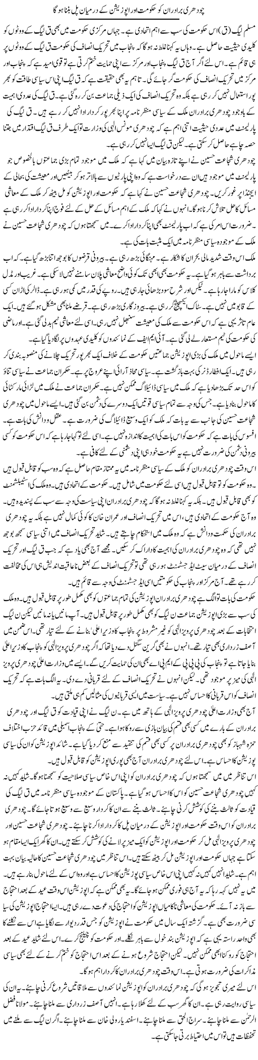 Chaudhry Bradran Ko Hukumat Aur Opposition Ke Darmiyan Pul Banna Hoga | Muzamal Suharwardy | Daily Urdu Columns