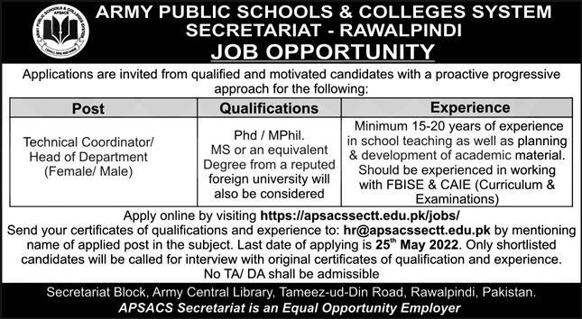 Advertisement of Army Public Schools and Colleges System Secretariat Jobs 2022