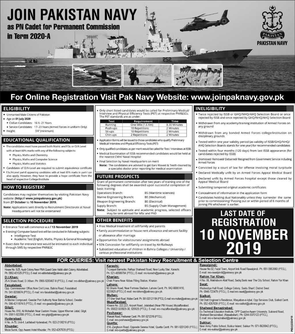 Join Pakistan Navy PN Cadet Permanent Commission 2020-A