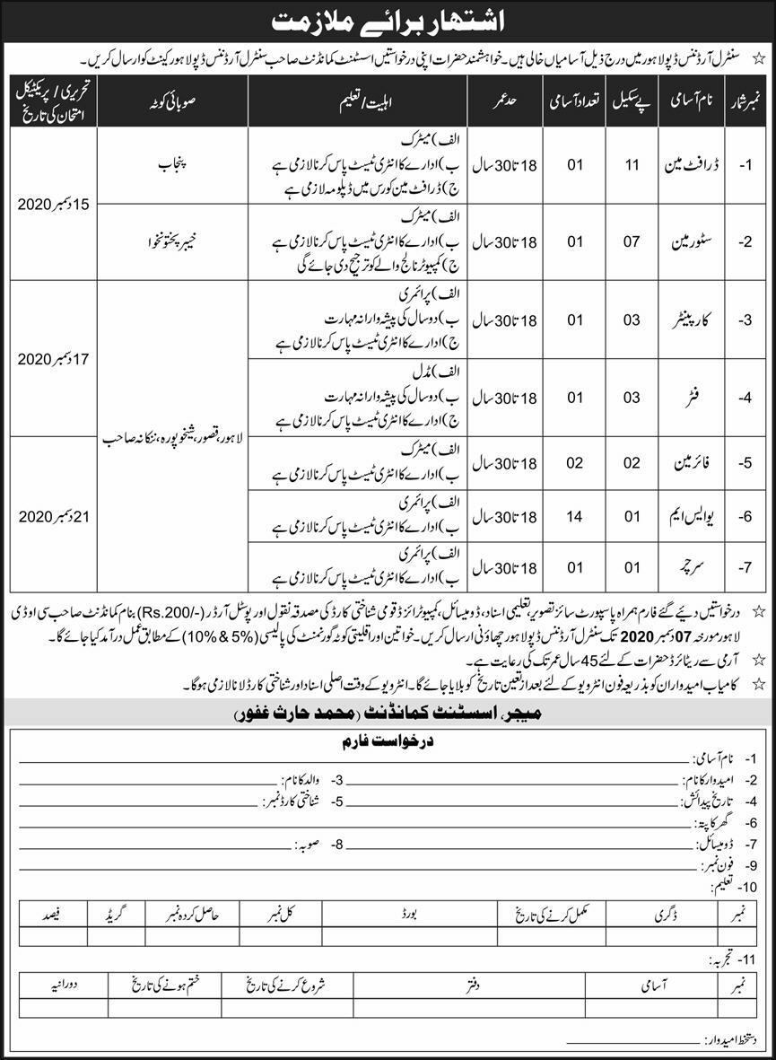 Pakistan Army Central Ordnance Depot COD Lahore Jobs 2020