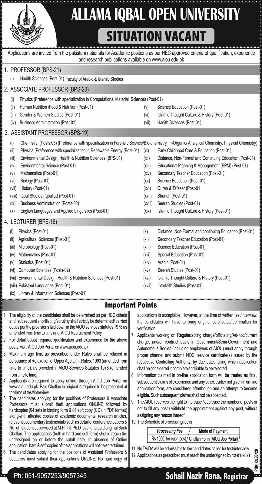 AIOU Jobs December 2020
