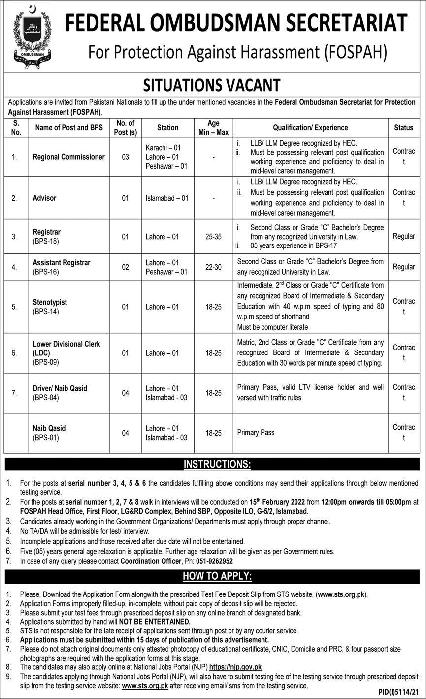 Federal Ombudsman Secretariat Jobs 2022