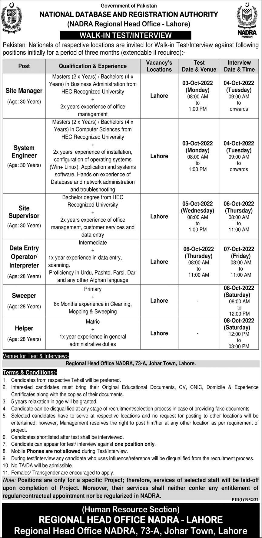 NADRA Jobs 2022 for Lahore  Regional Head Office Advertisement