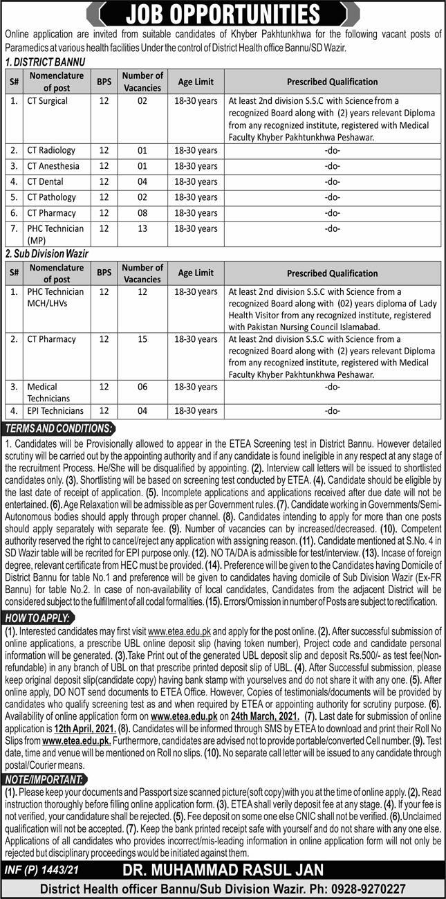 District Health Office Job Bannu 2021 District Health Office Job Bannu 2021